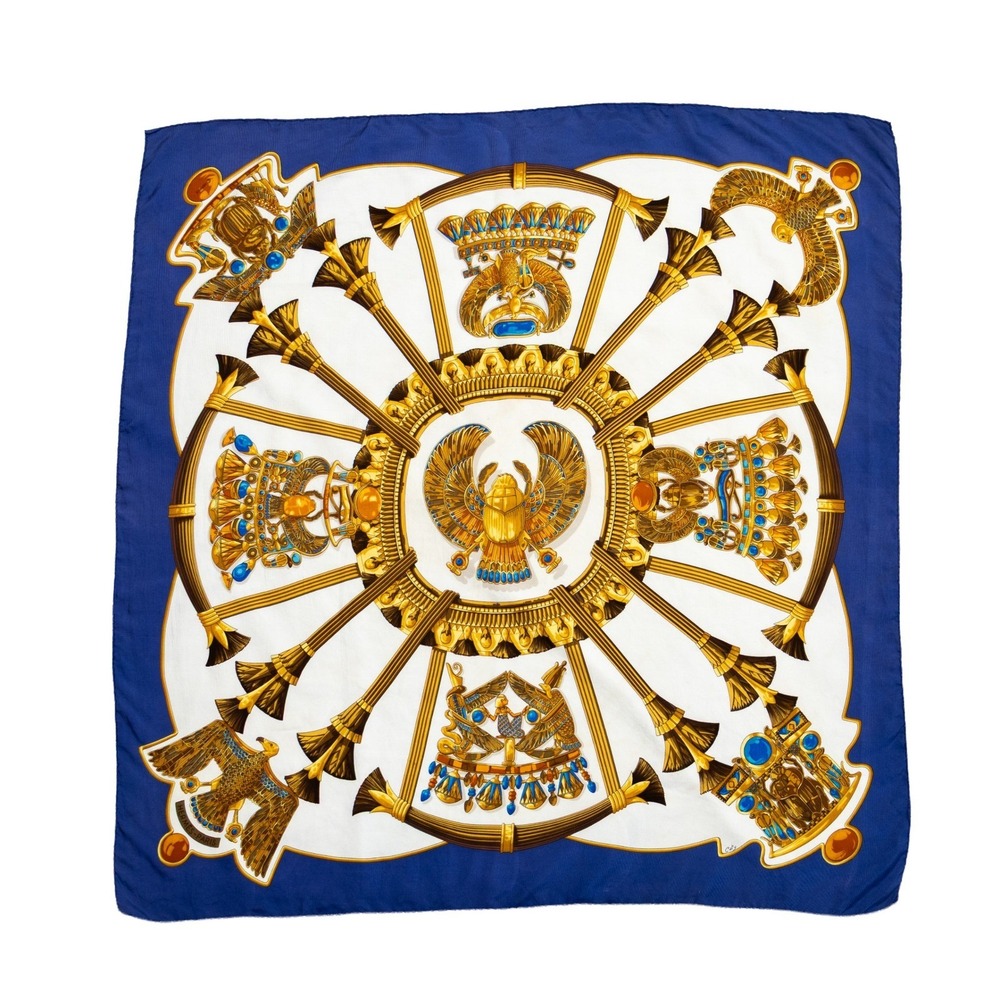 Hermes Parures des Sables Silk Scarf Blue White Gold Egyptian Scarab Caty Latham